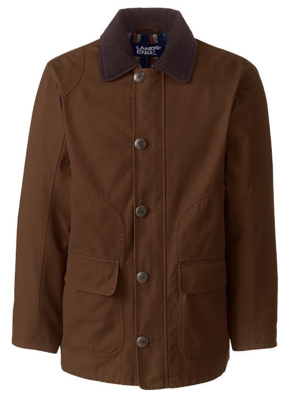 Lands’ End Men’s M Barn Coat Brown Canvas Corduroy Collar Plaid Lined Jacket